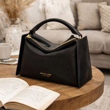 Black Leather Handbag, Designer Calfskin Purse with Gold Hardware, Gift for Her picture