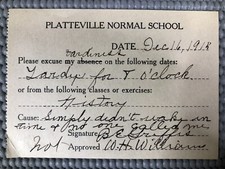 VTG 1915 Absence Tardiness Slip (Not Approved lol) Platteville Normal School picture