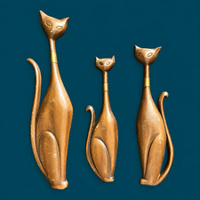 Set of 3 Vintage Brass Metal Cat Wall Plaques Bronze Tone Decorative Plaques picture