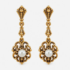 Vintage 14K Yellow Gold Pearl Filigree Dangle Earrings 1.41g Stamped picture