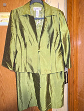 Jessica Howard 2-Piece Olive Satin Dress Suit Jacket Set Women’s Size 14 picture
