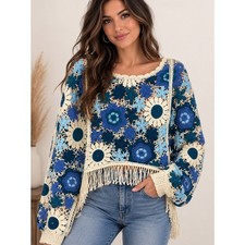 House of Harlow 1960 Blue & Cream Crochet Fringe Pullover picture