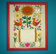 Vtg 70s Paragon Crewel Embroidery & Felt Applique Folk Art Birds Flowers RARE picture