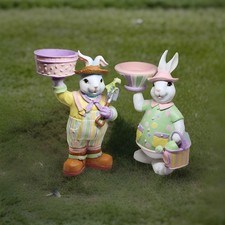 Vtg Cottage Core Bunny Rabbit Couple Pair Candle Holder Tea Lite 6”Spring Garden picture