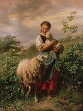 High quality Handmade Old Master-Art Antique Oil Painting girl women sheep picture