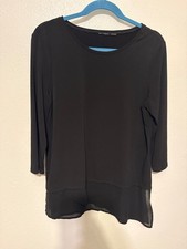 Chico's Knit Top Black 3/4 Sleeve Sheer Asymmetric Hemline Womans L picture