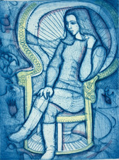 Irving Amen Ora #1 Signed Color Etching 82/90 Woman Wicker Chair Mid Century picture