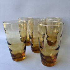 Libbey Ripple Gold Amber Tumbler Drinking Glasses 6” Set Of 5 12 oz Vtg MCM picture