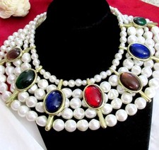 VTG RUNWAY 258g MULTISTRAND FAUX PEARL NECKLACE RESIN CAB JEWEL TONE BYZANTINE picture
