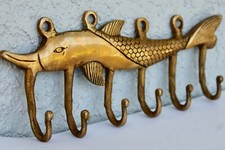 FISH Antique Hook vintage VTG mid century modern Bronze Brass wall coat keys  picture