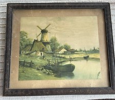 Antique Framed Dutch Scene Lithograph Signed picture