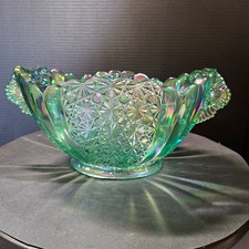 Fenton Daisy Button Design Opalescent Green Oval Glass Bowl Handles 9”x7” picture