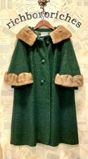 Vintage Lady Stanley Coat Green Boucle Swing Mink Fur Collar Cuff Berroco M MINT picture
