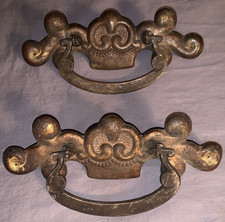 2 Huge  Antique  Brass   Drawer Pulls  Great Design picture