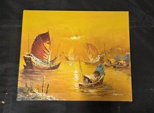 P. Wong Original Oil Painting on Canvas - Asian Junk Boats at Sunset - Seascape picture