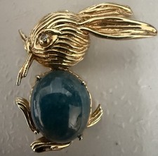 Stunning Vintage Italian 14K Figural Rabbit Brooch Pin Natural Jadeite 8.0g TW picture