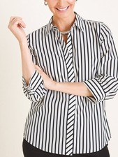 Chico's No Iron Easy Shirt Sz 1 M Black White Stripe Cotton Stain Shield NWT picture