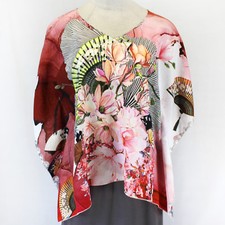 Citron Plus Clothing Flowers&Fans Art to Wear V-Neck Tunic Blouse Top 1X picture