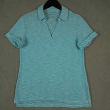 Talbots Shirt Small Blue White Striped Split Neck Slub Cotton Cuffed Top Preppy picture