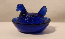 Vintage Cobalt Blue Glass Miniature Hen On Nest Trinket Box Decor Farmhouse picture