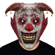 Scary Evil Demon Clown Mask Latex Horned Jester Halloween Costume Cosplay picture