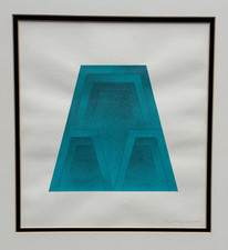 ASTRID FITZGERALD SIGNED ORIGINAL ABSTRACT DRAWING OP ART TURQUOISE BLUE SWISS picture