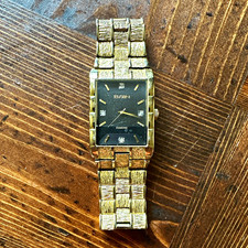 Elgin Diamond Women's Quartz Rectangle Watch Black Textured Dial Gold Bracelet picture