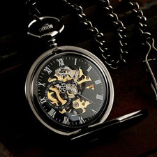 Mens Antique Black Steampunk Hollow Gear Hand-Winding Mechanical Pocket Watches picture