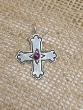 Raymond Coriz Kewa Sterling Silver Cross Pendant Pink Glass picture