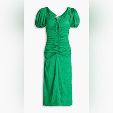 Ganni Ruched Crinkle Satin Midi Dress Women Size 2 Green NWT Puff Sleeve picture