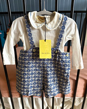 Gucci Baby GG Logo 2pc Cotton Overall & Long Sleeve Bodysuit Set 6-9M picture