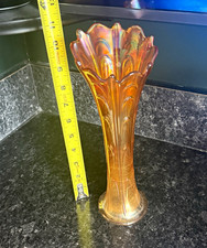 Unmarked Orange Iridescent Pulled Carnival Glass Vase - Decor picture