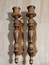 Vtg MCM Pair Wooden Candle Holder Wall Sconces Lathe Turned  16