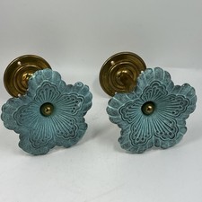 Vtg Pair GREEN Verdigris BRASS Flower Floral Medallion CURTAIN Tie Back picture