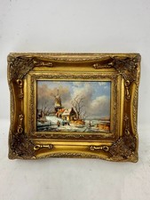 Winter by the Windmill  Framed Snowy Landscape Oil Painting in Ornate Gold Frame picture