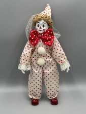 VINTAGE Porcelain Face Hands Clown Doll Polka Dot Suit Now Tie Red White 15” picture