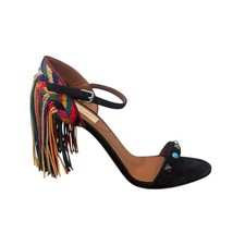 Valentino Garavani Rockstud Rolling Fringe Suede Heels Black Turquoise 38.5/8 US picture