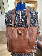 VTG Brahmin Tuskan Leather Brown Medium Tote Bag Double Handles  Gold Croc Trim picture