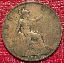 VINTAGE FINE DETAILS  1913 GREAT BRITAIN ENGLISH  PENNY COIN-CLEANED-DEC102 picture