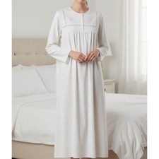 Vtg BARBIZON White SATIN Fleece Backing Smocked/Lace/Floral Nightgown GOWN Sz M picture
