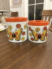 Vintage HTF Butterfly Flower Canister Plastic Lacquer 60s 70s Orange Yellow 2 pc picture