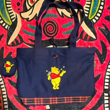 VTG 100 Acre Pooh Disney Winnie the Pooh L Navy Tote w/ Plaid Trim & Pouch picture