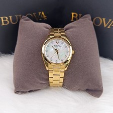 Bulova Surveyor 97P172 Gold Tone Pearl Dial Diamond Quartz Women's Watch 31mm picture