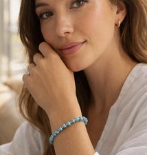 Natural Turquoise Beaded Elastic Bracelet Gift 925 silver beads Vday sale picture