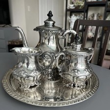 Antique Homan Silver Plate Co Quadruple Plate Tea Coffee Set WM Rogers Tray picture