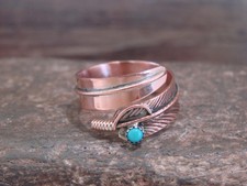 Native American Copper & Turquoise Adjustable Feather Ring Signed Davis picture