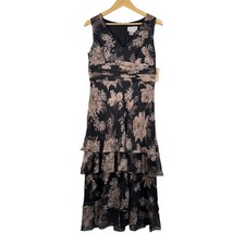 VTG Adrianna Papell Black Floral Silk Tiered Midi Dress 90s whimsigoth sz 10 picture