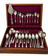 Vintage 33-Pc Mixed Silverplate Flatware Set w/ Wooden Storage Chest Ornate picture