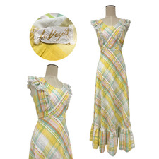 Vintage 1970s LeVoy's Seersucker Pastel Plaid Ruffle Lace Trim Apron Maxi Dress picture