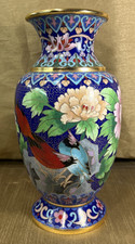 VTG Chinese Cloisonne Enamel Vase Peony Birds Plum Blossom Cobalt Blue Gilt Rim picture